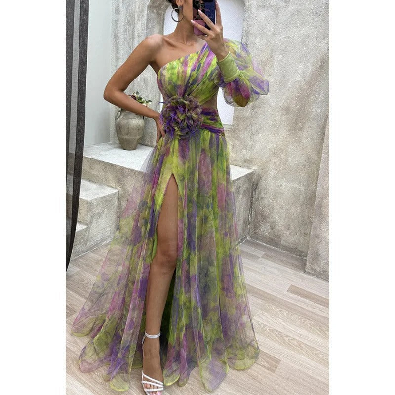 Formal summer evening dress: women's elegant floral maxi with asymmetrical design, perfect for special events.
