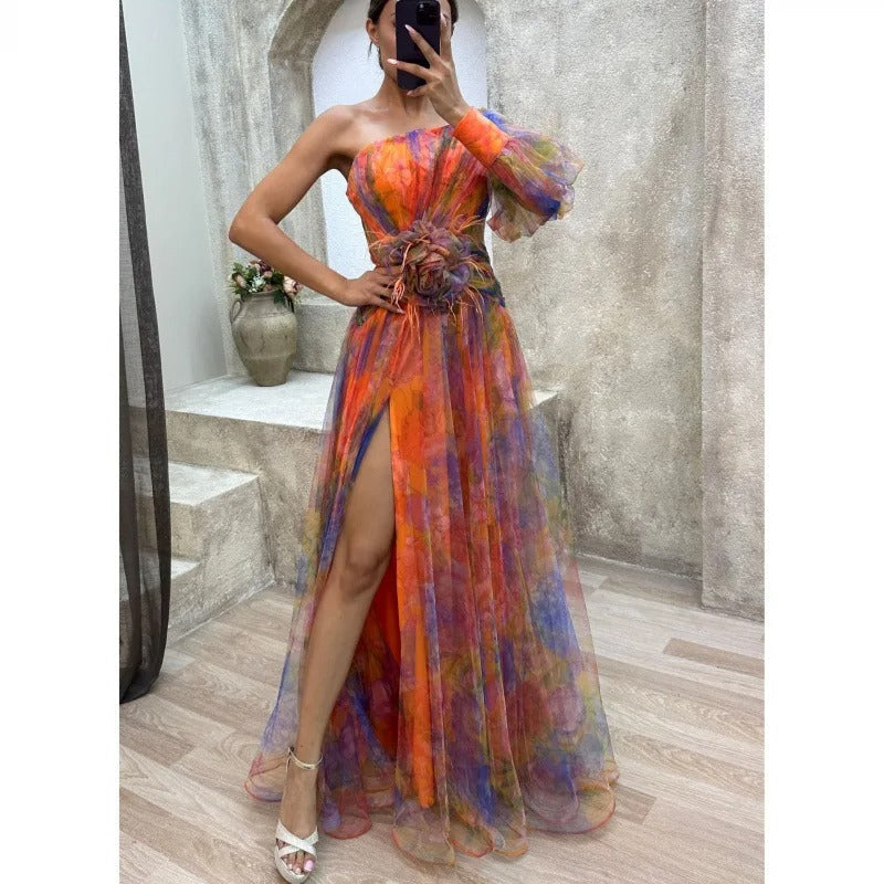 Chic floral print asymmetrical maxi dress for women, suitable for elegant party & formal summer occasions.
