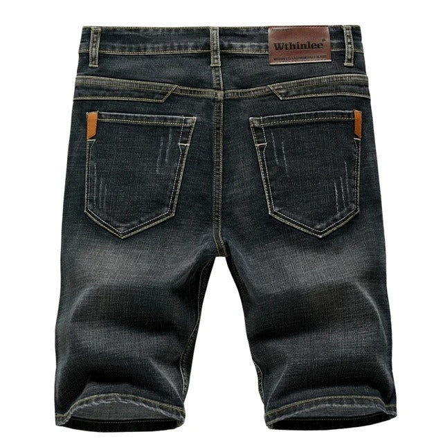 Men's classic fit blue denim shorts, versatile everyday style for summer comfort.