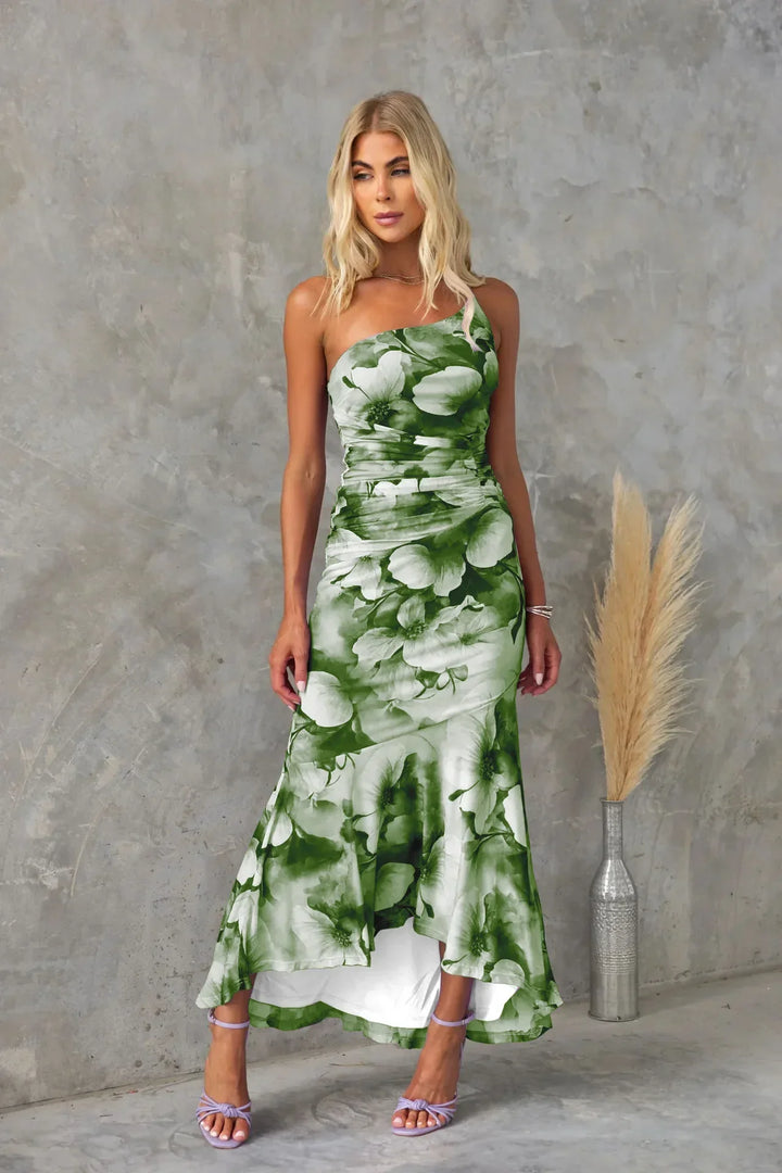 Chic one-shoulder floral midi dress for women with a ruched bodice. Vibrant colors for elegant summer wear.