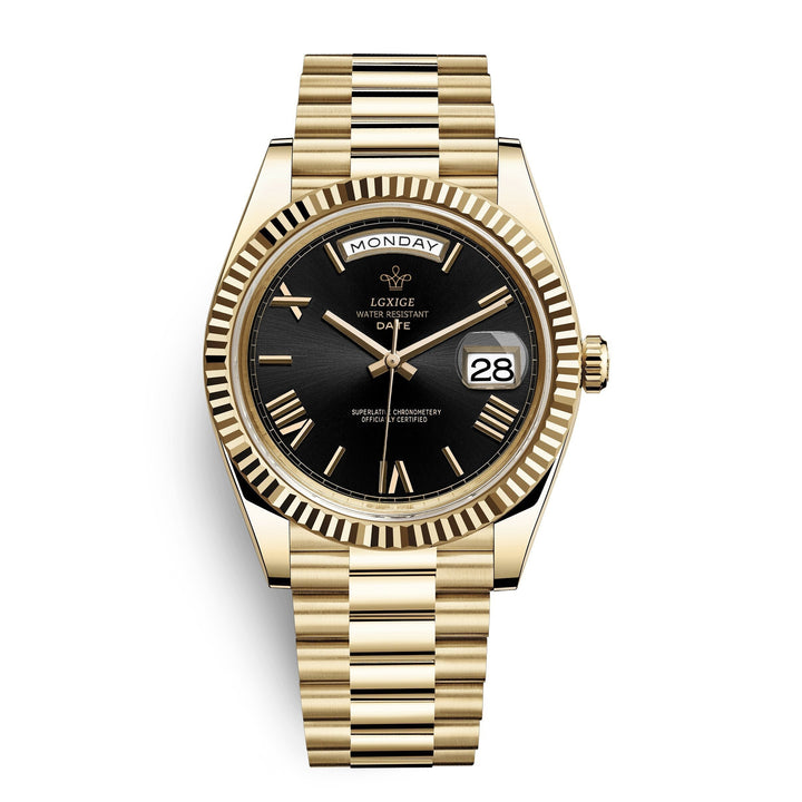 Side profile of men's elegant quartz timepiece, highlighting its slim case and durable stainless steel construction.