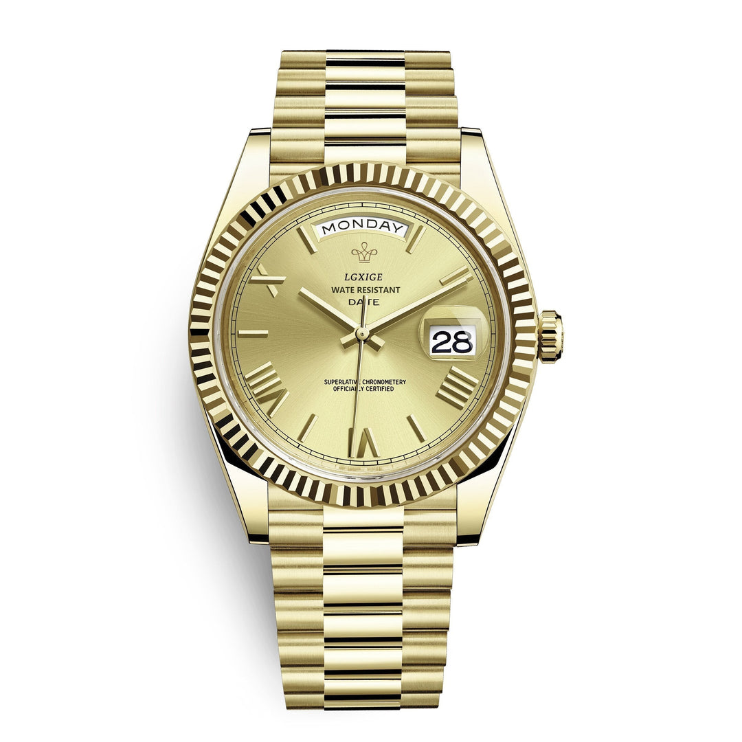 Detailed view of the polished stainless steel bracelet and secure clasp of men's Day Date Quartz Watch.