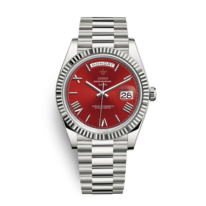 Front shot of a timeless men's elegant Day Date Quartz Watch, showcasing its classic design & finish.