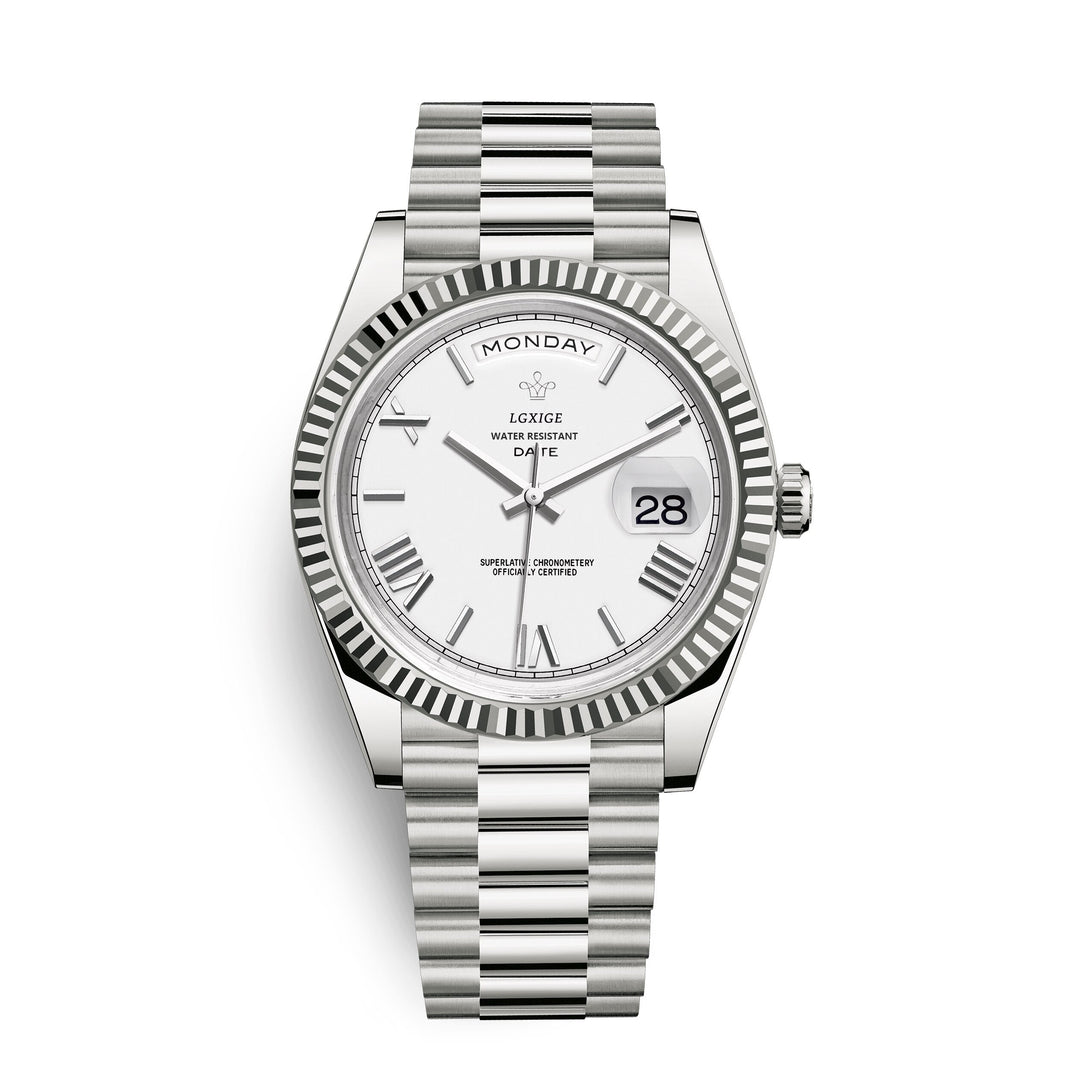 Men's quartz watch: a reliable timepiece with prominent day and date display, combining elegance & function.