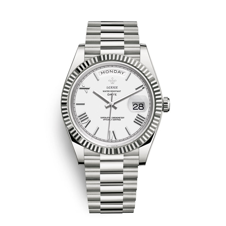 Men's quartz watch: a reliable timepiece with prominent day and date display, combining elegance & function.