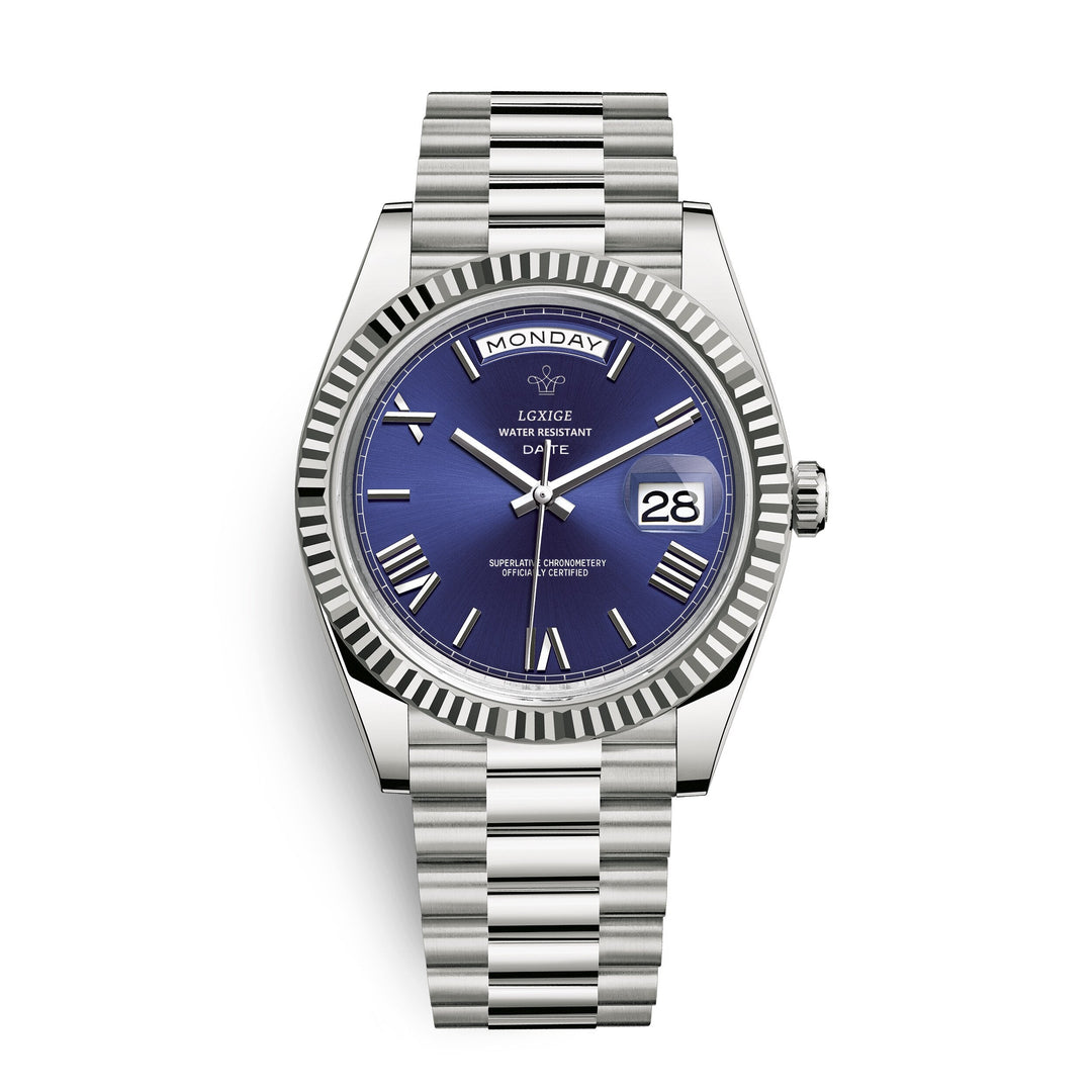 Men's elegant stainless steel Day Date Quartz Watch. A durable, versatile timepiece for classic men's fashion.