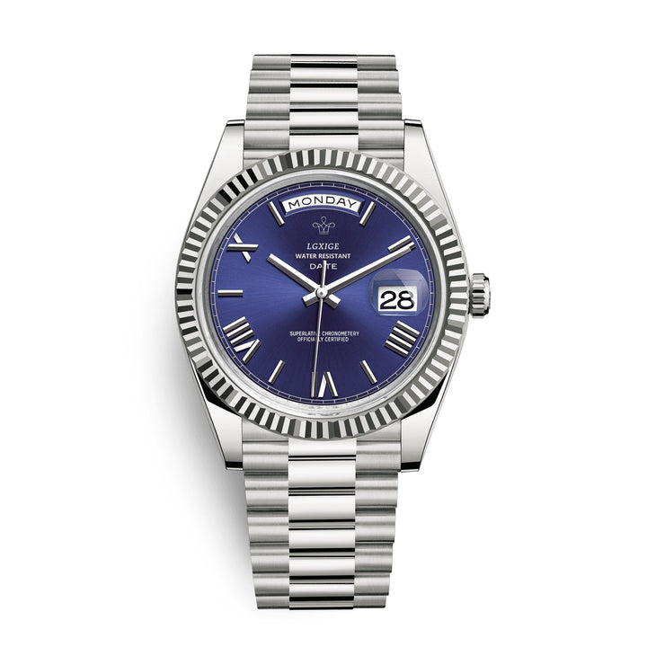 Men's elegant stainless steel Day Date Quartz Watch. A durable, versatile timepiece for classic men's fashion.