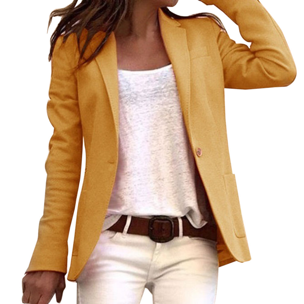 Professional women's fashion blazer with a classic lapel collar, ideal for sophisticated office attire.