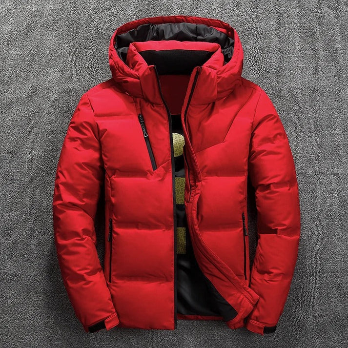 Durable men's hooded quilted puffer jacket, perfect cold weather outerwear. Offers superior warmth for winter.