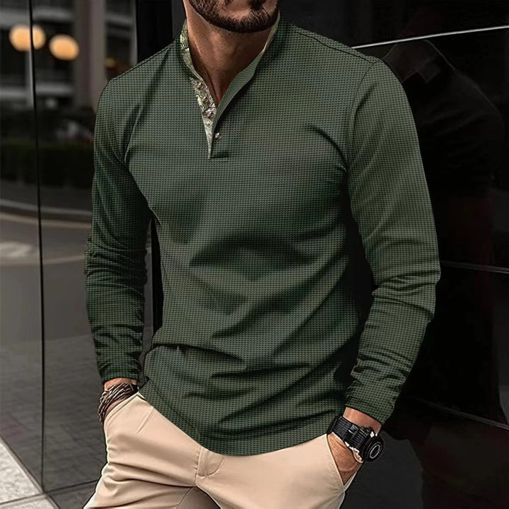 Comfortable men's casual slim-fit long sleeve henley shirt with a unique mandarin collar, great for everyday style.