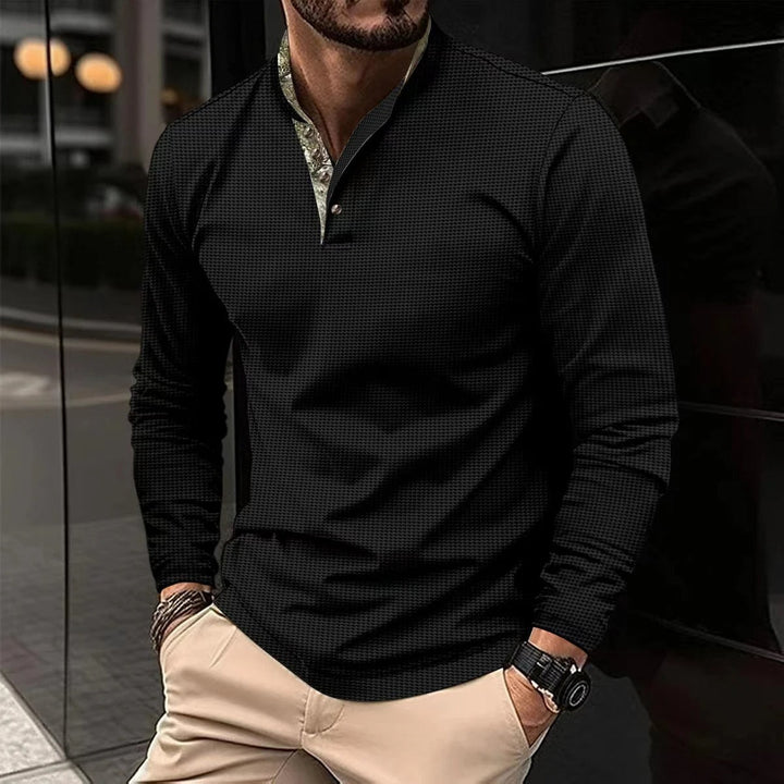 Men's slim-fit long sleeve henley shirt with stylish mandarin collar, perfect for casual modern wear.