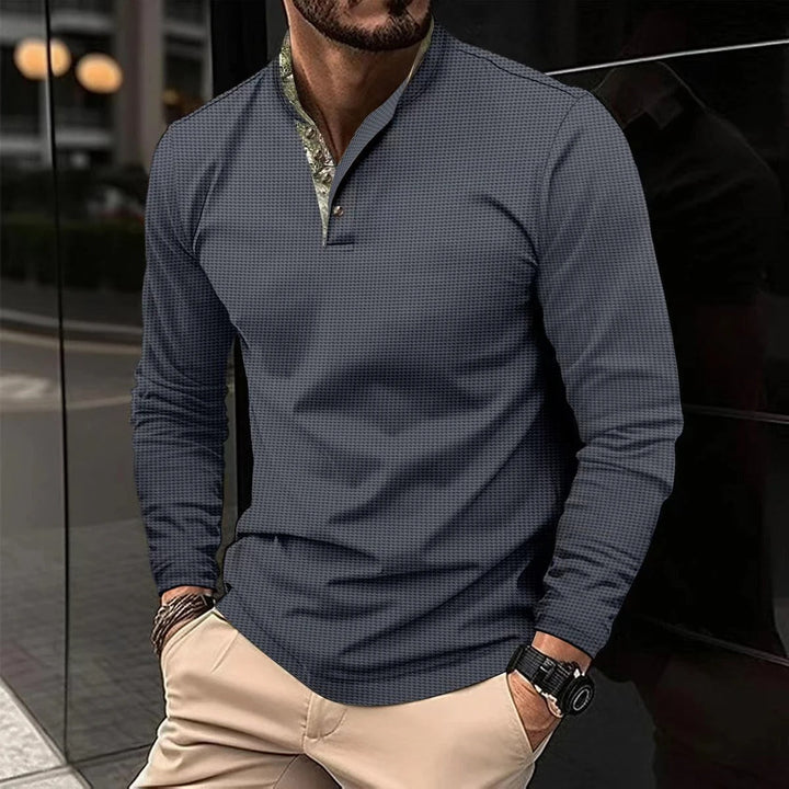 Versatile men's slim-fit long sleeve henley shirt, mandarin collar, ideal for smart casual & modern outfits.
