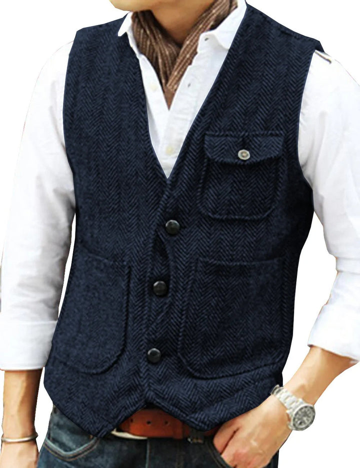 Adaptable men's vintage waistcoat, classic fit vest for elegant layering over shirts or tees.