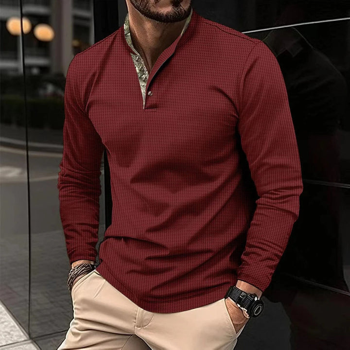 Stylish men's slim-fit long sleeve henley shirt with a contemporary mandarin collar for a modern casual look.