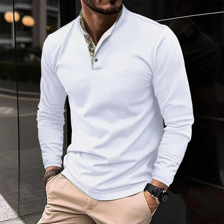 Elegant men's slim-fit long sleeve henley shirt featuring a distinctive mandarin collar, merging style and comfort.