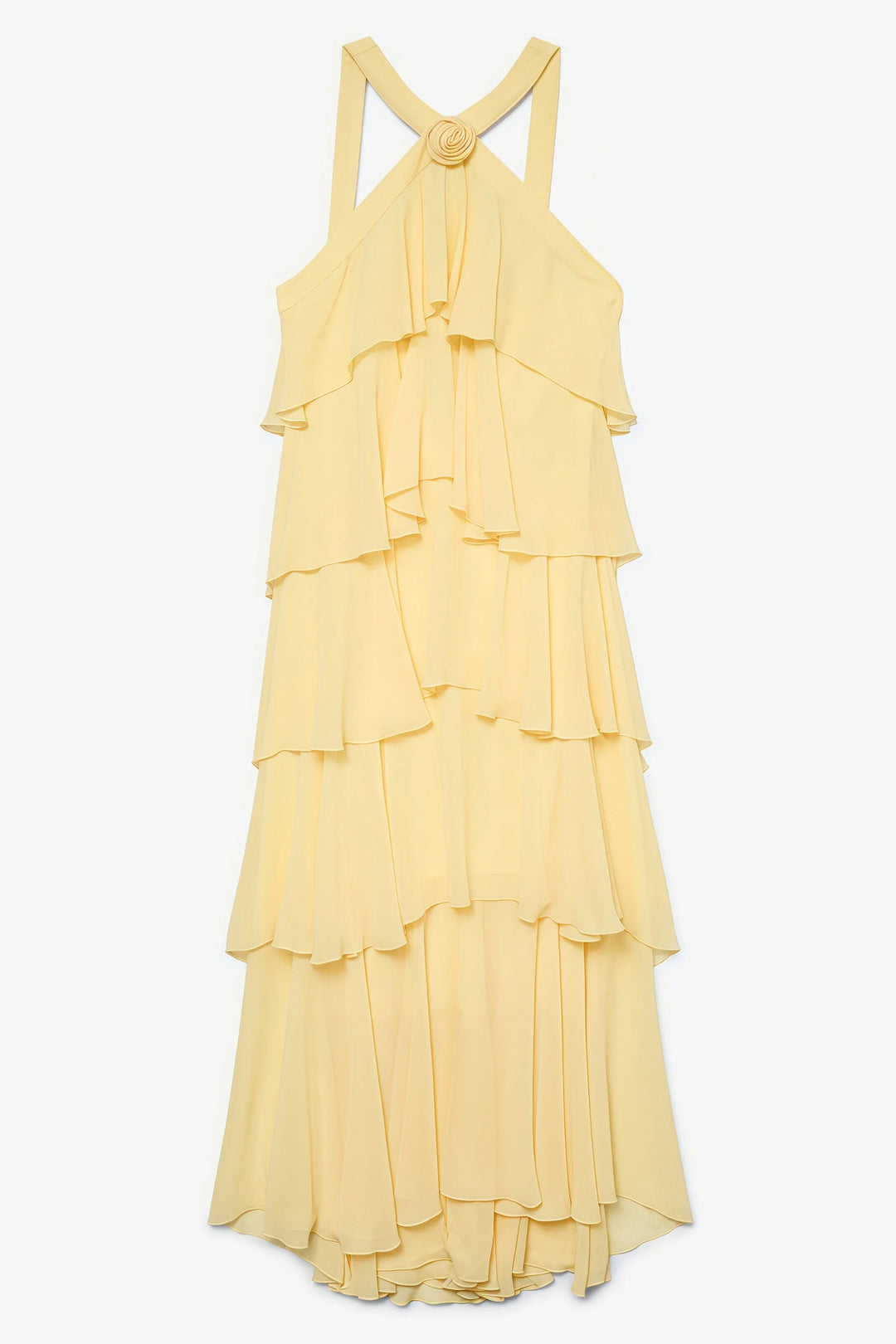 Gorgeous women's yellow layered halter neck evening gown, a formal maxi dress perfect for elegant events.