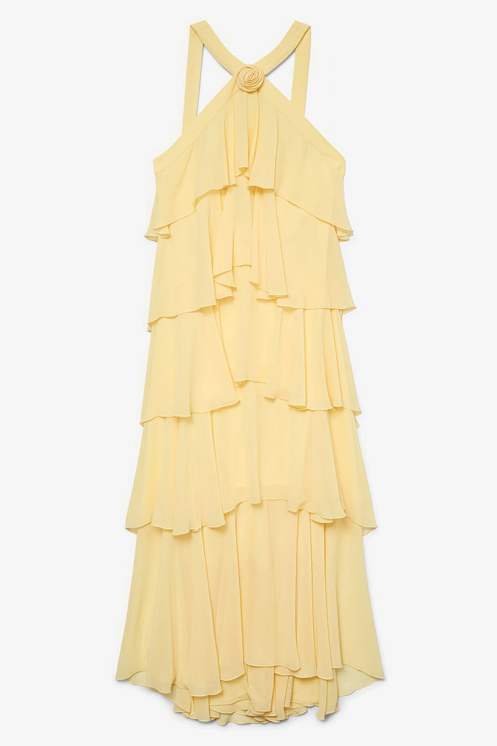 Gorgeous women's yellow layered halter neck evening gown, a formal maxi dress perfect for elegant events.