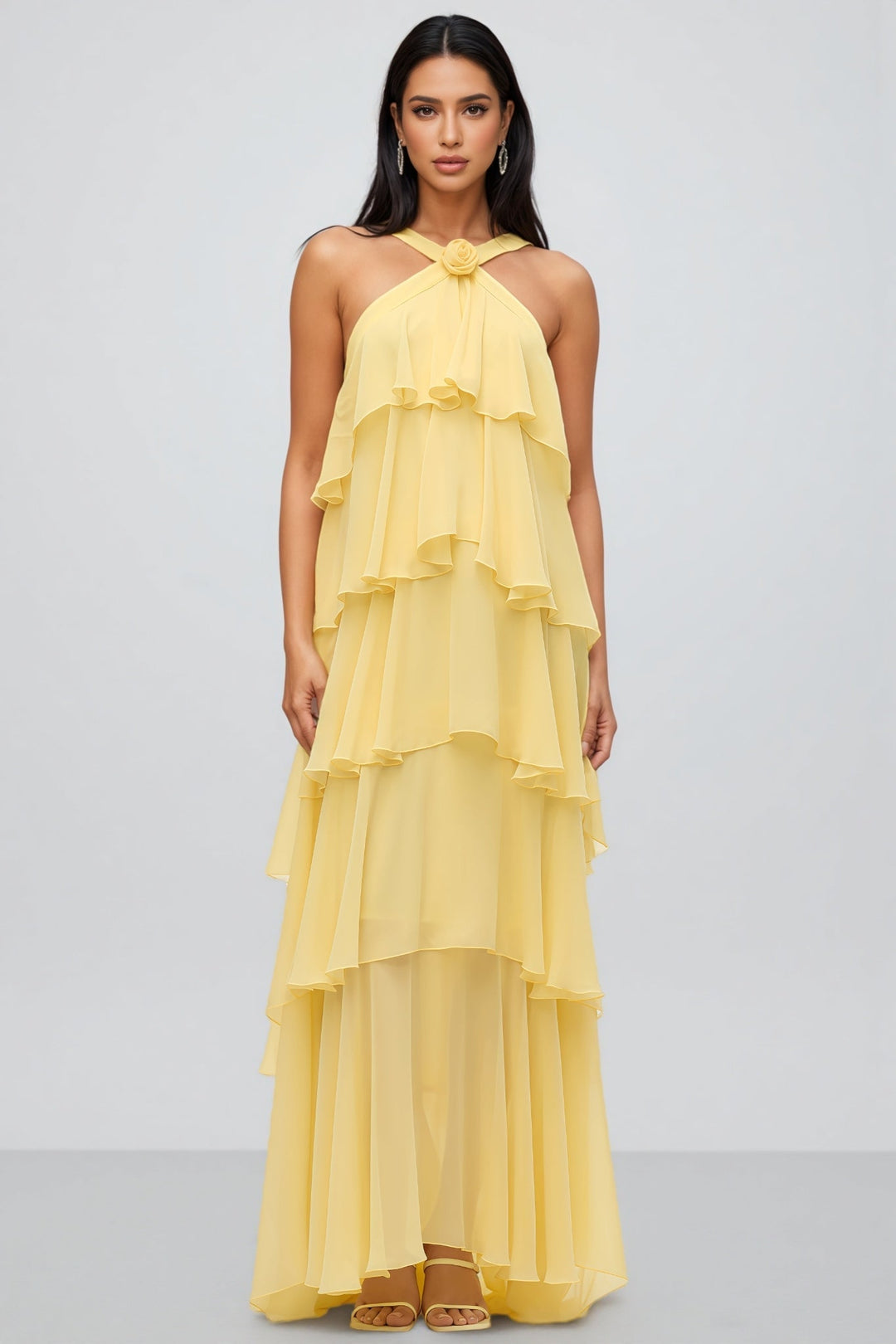 Flowy women's yellow maxi dress with a chic layered halter neck design, ideal for evening wear & parties.