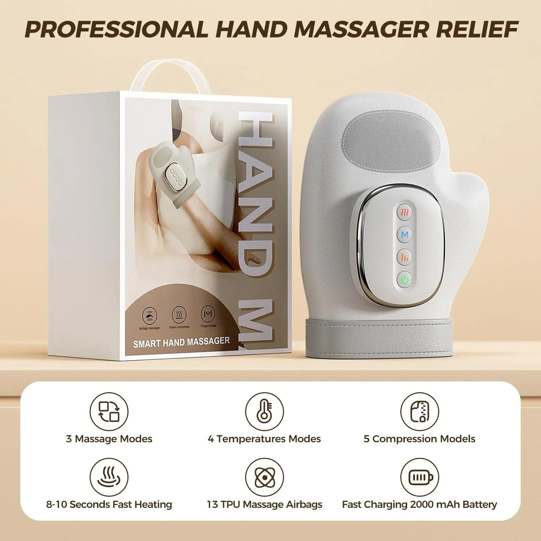 "Versatile hand massager with ergonomic design, 13-airbag compression, and customizable heat therapy for hand relaxation."