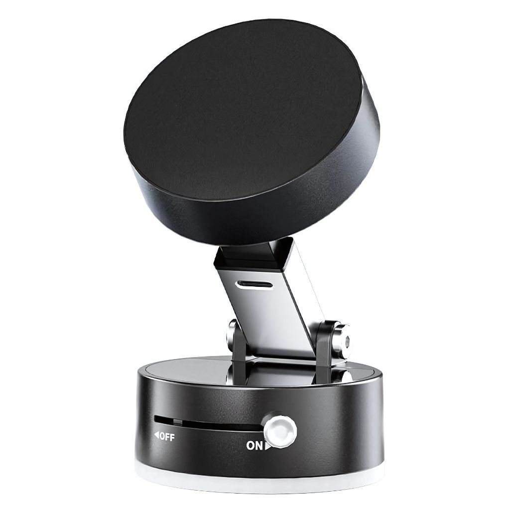"Versatile magnetic phone mount with 360° rotation on desk, sleek design, modern and flexible for convenient phone positionin
