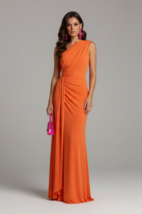 Vibrant orange women's asymmetrical maxi dress with a flowy, tiered design, perfect for elegant summer parties.
