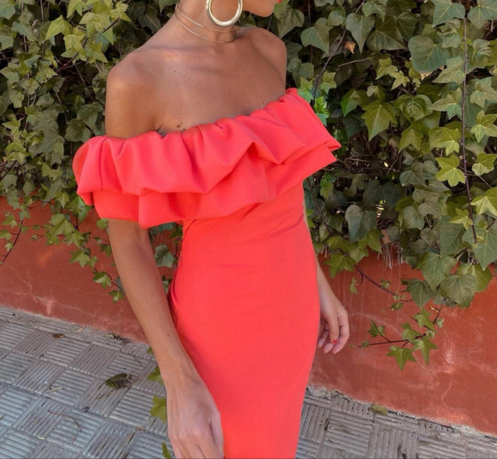 Gorgeous red Bardot party dress for women, featuring a sleeveless midi length & charming ruffle detail.