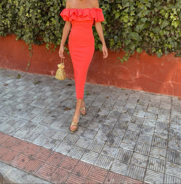 Stylish women's red sleeveless Bardot midi dress with ruffles, perfect for elegant evening wear.