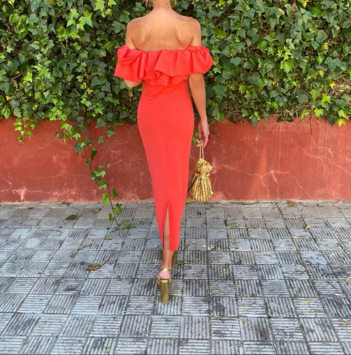 Red ruffled Bardot sleeveless midi dress, a flattering and chic choice for women's party wear.