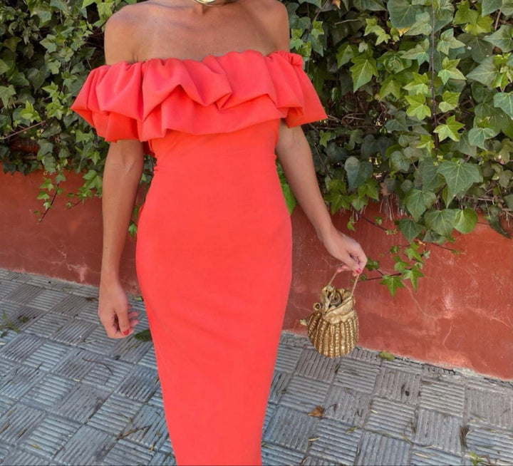 Women's elegant red Bardot midi dress with ruffles, a sleeveless design for formal events & summer.