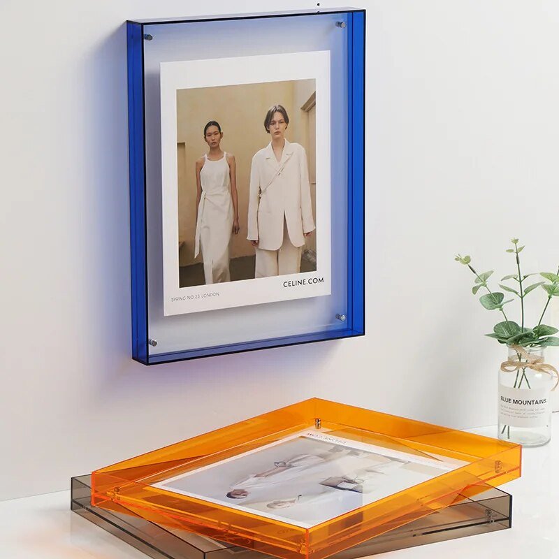 Vibrant acrylic picture frame for modern photo display, adding a colorful home accent to any room.