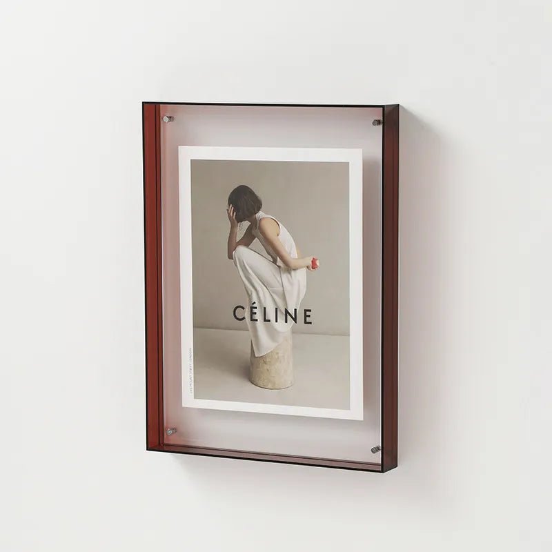 Artistic vibrant acrylic photo display frame, a contemporary accent adding modern color to any interior.