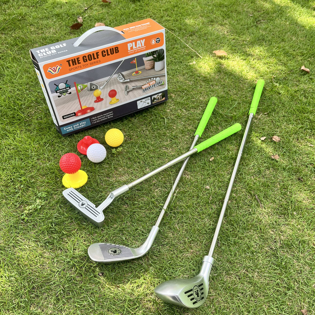 Vibrant children's adjustable golf set with clubs, balls, and holes for indoor & outdoor toddler playtime fun.