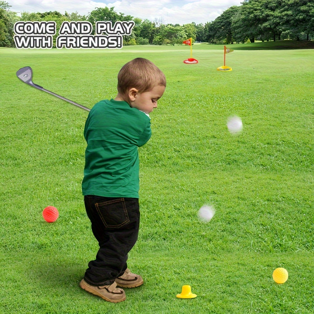 Complete kids golf set for indoor games & outdoor backyard fun, promoting active play and hand-eye coordination.