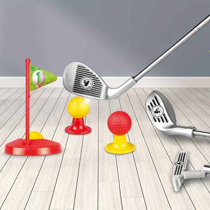 Child happily playing with a colorful adjustable kids golf set, enjoying active outdoor playtime & learning.