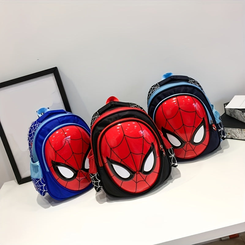 Happy child wearing a Spider-Man superhero adventure backpack, ready for school, travel & fun.