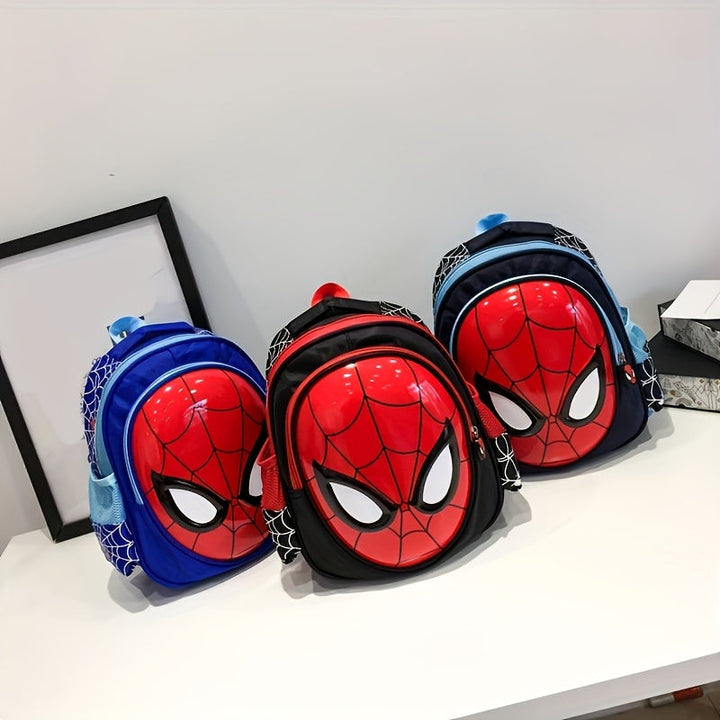 Happy child wearing a Spider-Man superhero adventure backpack, ready for school, travel & fun.