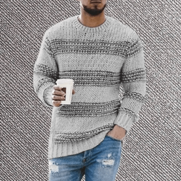 Versatile men's striped long sleeve crew neck sweater. Fashionable & comfortable knit pullover for any casual outfit.