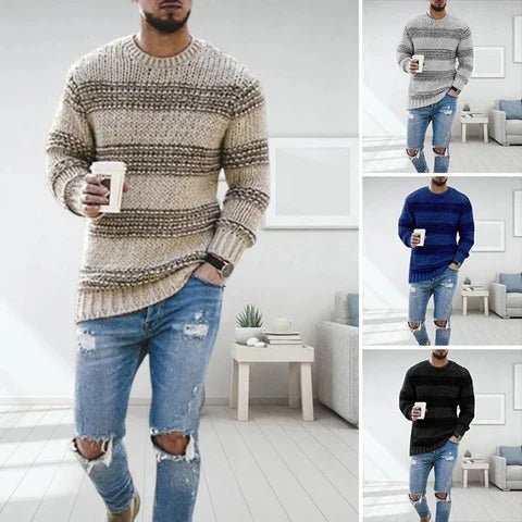Comfortable men's striped crew neck long sleeve pullover sweater. Stylish knitwear for casual fashion.