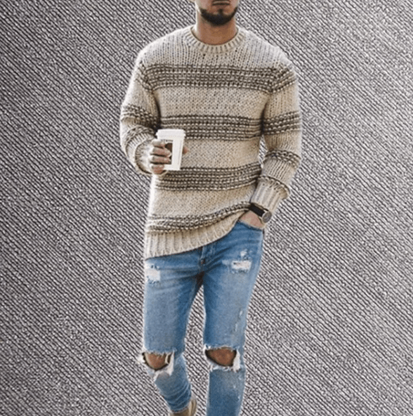 Stylish men's striped crew neck sweater with long sleeves. Versatile knit pullover for a modern casual look.
