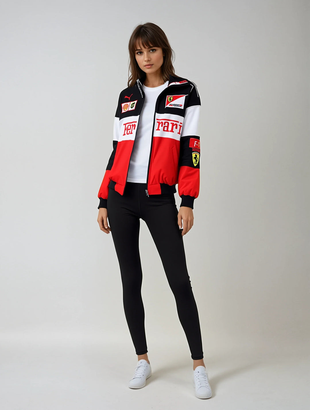 Vintage unisex racing jacket with bold Ferrari logo, available in black, red, and white-red; combines style and comfort.
