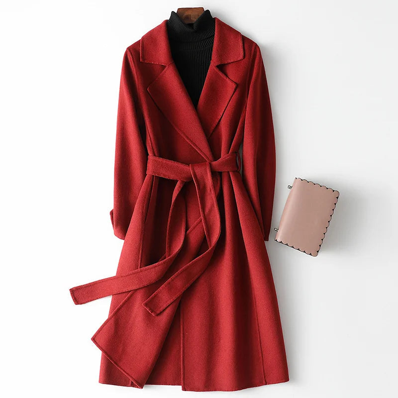 Women's elegant burgundy belted wrap coat with an A-line silhouette, perfect for stylish fall & winter outerwear.