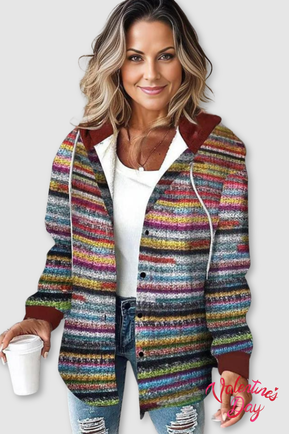 Vibrant women's colorful knit cardigan for fall fashion, perfect for cozy layering or a stylish casual look.