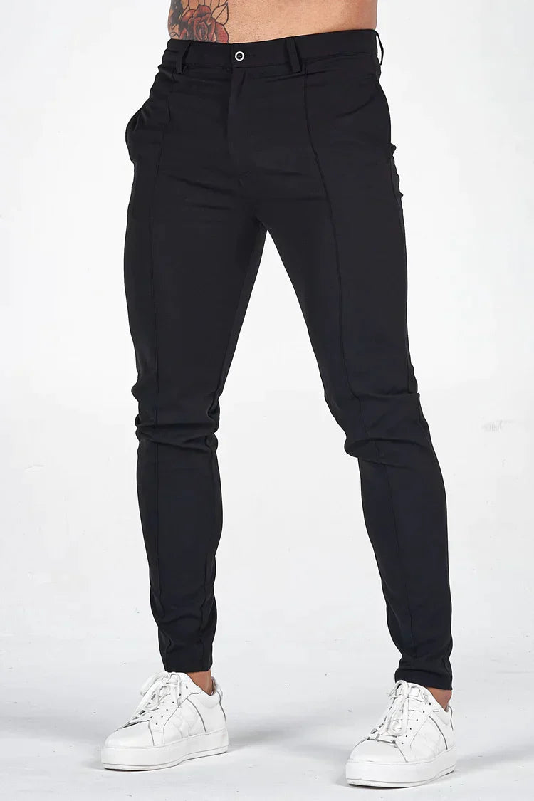 Comfortable beige men's slim-fit chino trousers, ideal for casual wear or smart work pants.