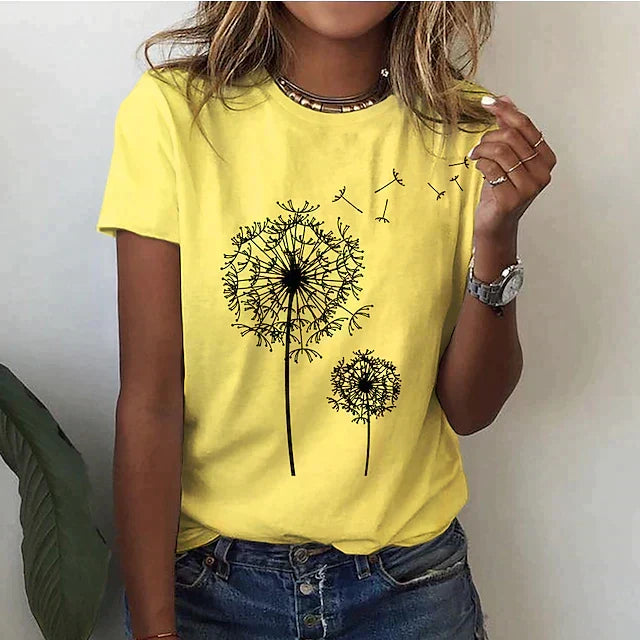 Chic women's dandelion print blouse with vibrant floral design. Elegant casual top, ideal for stylish spring outfits.