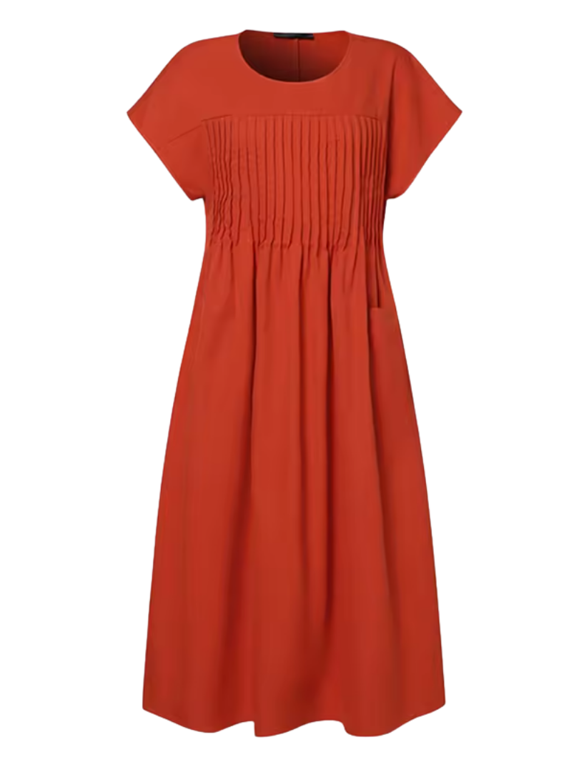 Women's short sleeve pleated bodice midi dress, comfortable and elegant for spring & summer. Relaxed fit, round neck.