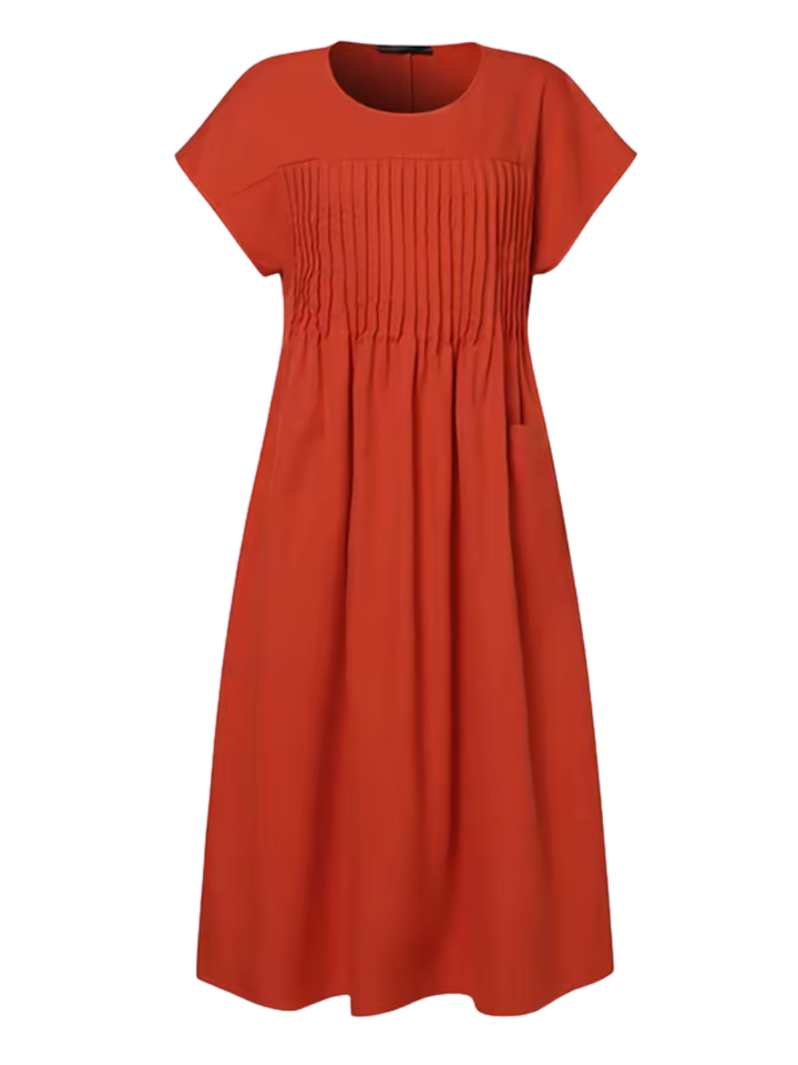 Women's short sleeve pleated bodice midi dress, comfortable and elegant for spring & summer. Relaxed fit, round neck.