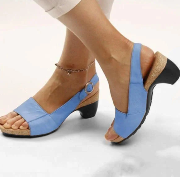 Stylish women's elegant footwear with a low chunky heel, designed for orthopedic support & comfort.