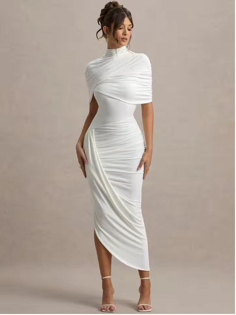 Unique women's party dress. Asymmetric twisted cape maxi gown, ideal for elegant occasions.