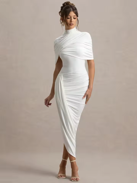 Stylish women's maxi dress. Asymmetric twisted cape design. Elegant evening wear.