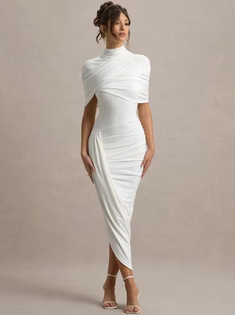 Flattering women's formal maxi dress with an elegant asymmetric twisted cape for special events.
